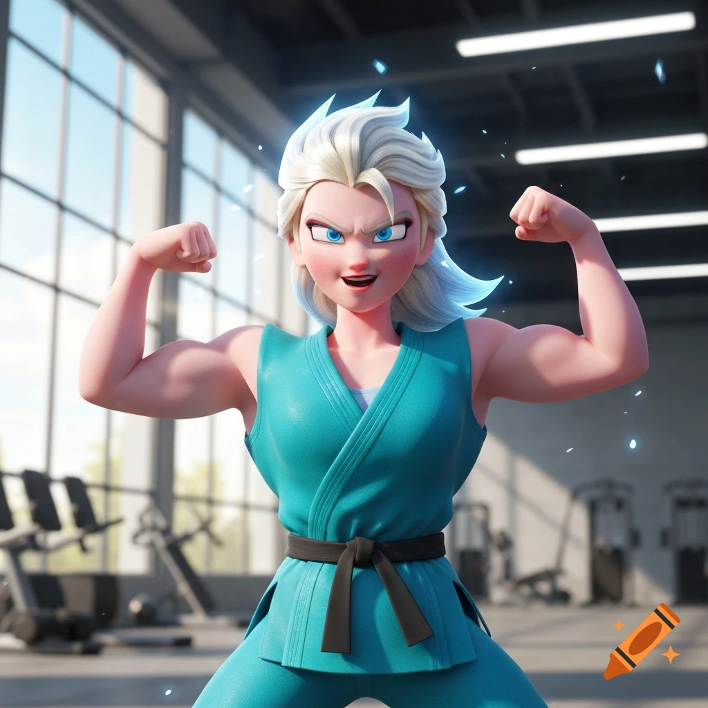 3D cartoon Elsa from Frozen with white hair and blue eyes, wearing a turquoise karate gi with a black belt, flexing muscles in a gym.