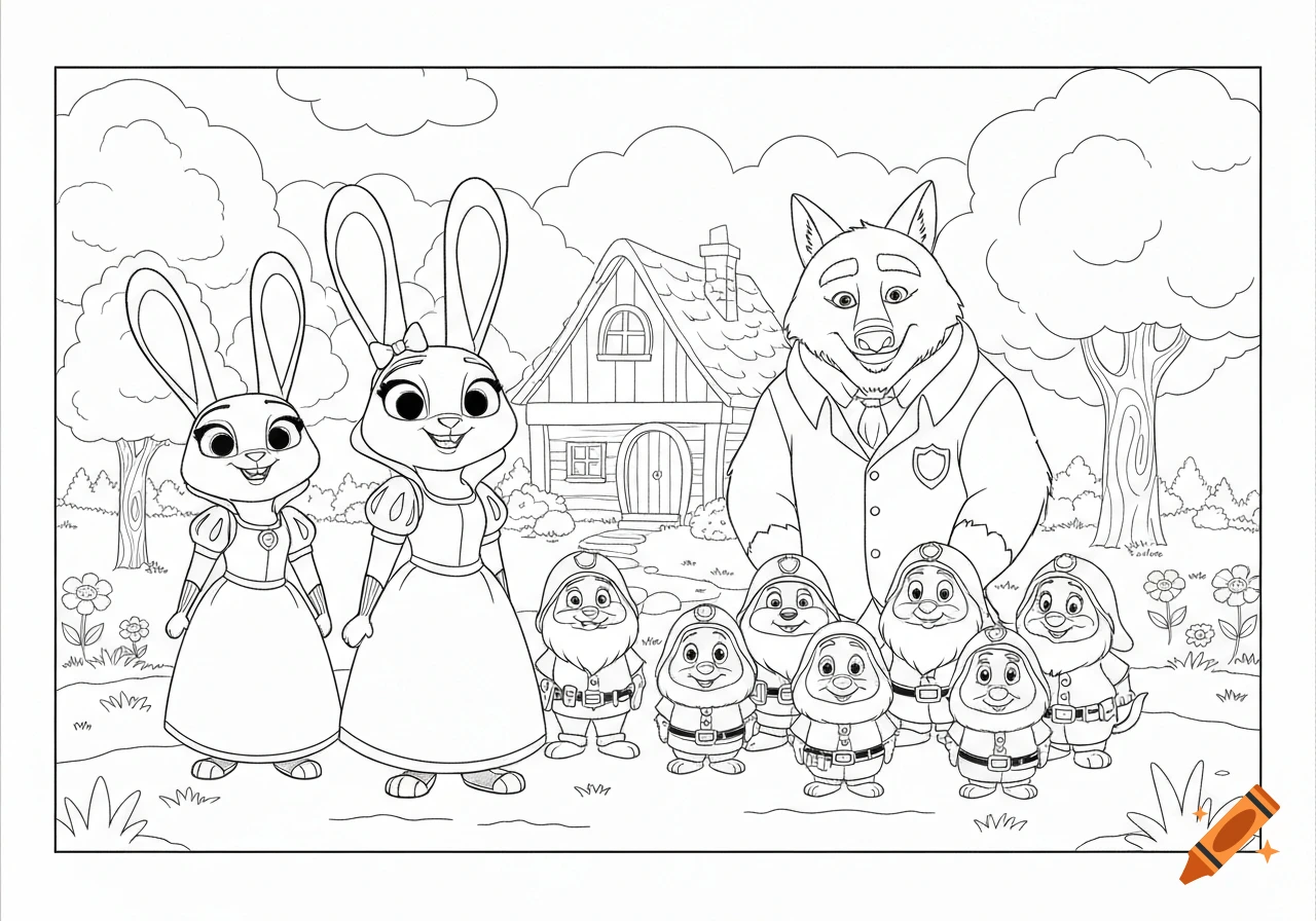 Black and white coloring page featuring cartoon bunny and wolf characters with seven animal police dwarfs in front of a forest cottage.