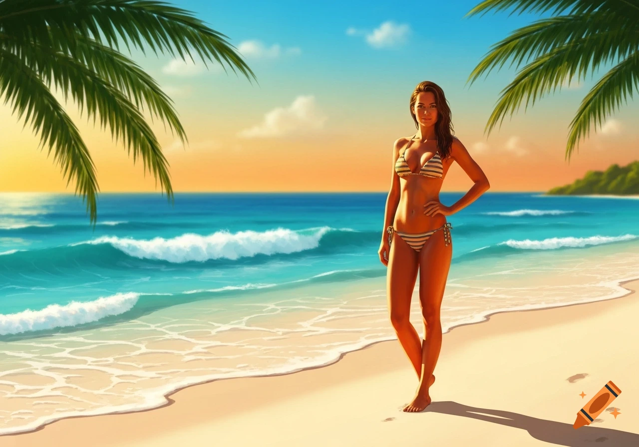 A woman in a striped bikini stands on a sandy beach with palm trees and turquoise ocean waves under a clear sky.
