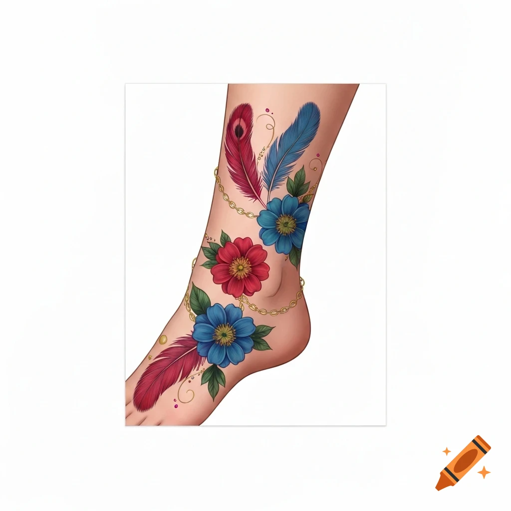 An illustrated foot and ankle adorned with a colorful tattoo featuring a golden chain, red and blue flowers, and feathers.