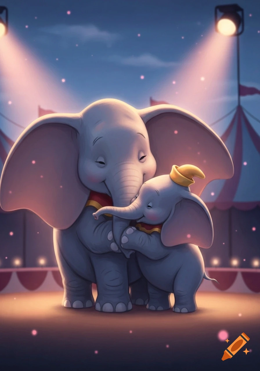 Cartoon mother and baby elephants hugging affectionately on a circus stage under spotlights, resembling Dumbo.