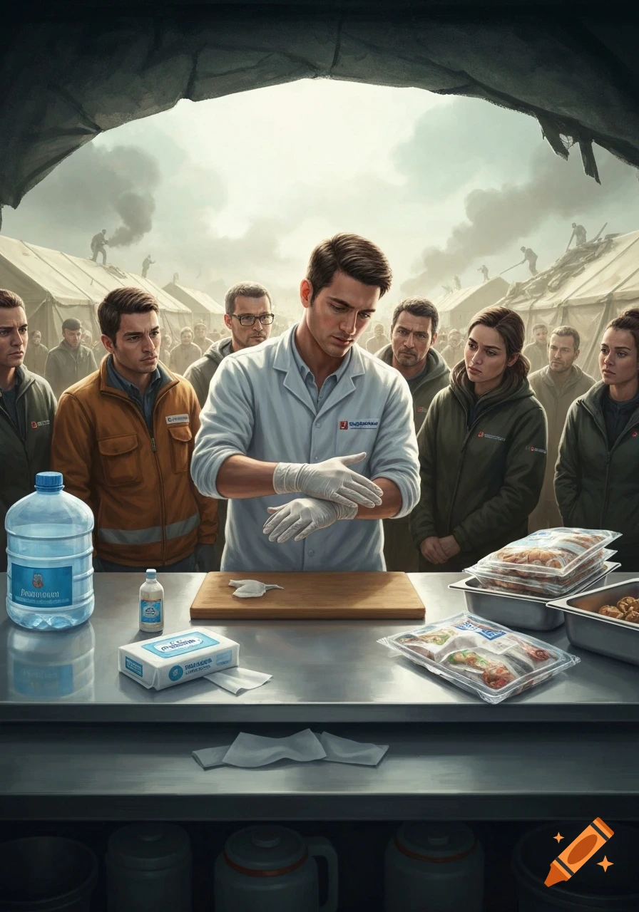 A man in a lab coat puts on gloves at a table with food and supplies, surrounded by people in a camp with tents and smoke in the background, illustrating food hygiene.