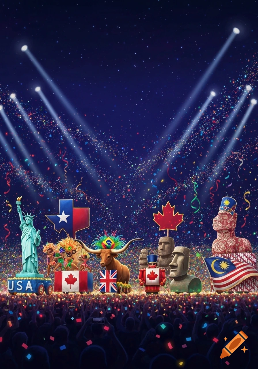 Vibrant night parade with spotlights, confetti, and national symbols from USA, Canada, Brazil, UK, Malaysia, and others, over a crowd.