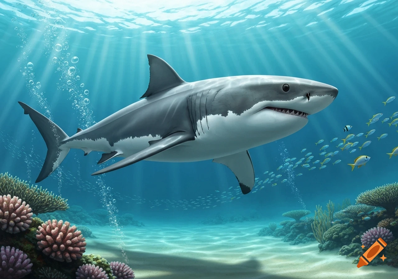 A great white shark swims in a vibrant blue ocean with sunlight rays, surrounded by a coral reef and small fish.
