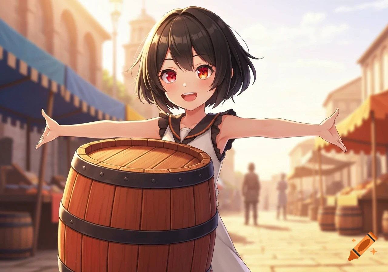 A smiling anime girl with short black hair and red-orange eyes holds a wooden barrel in a sunny market street.