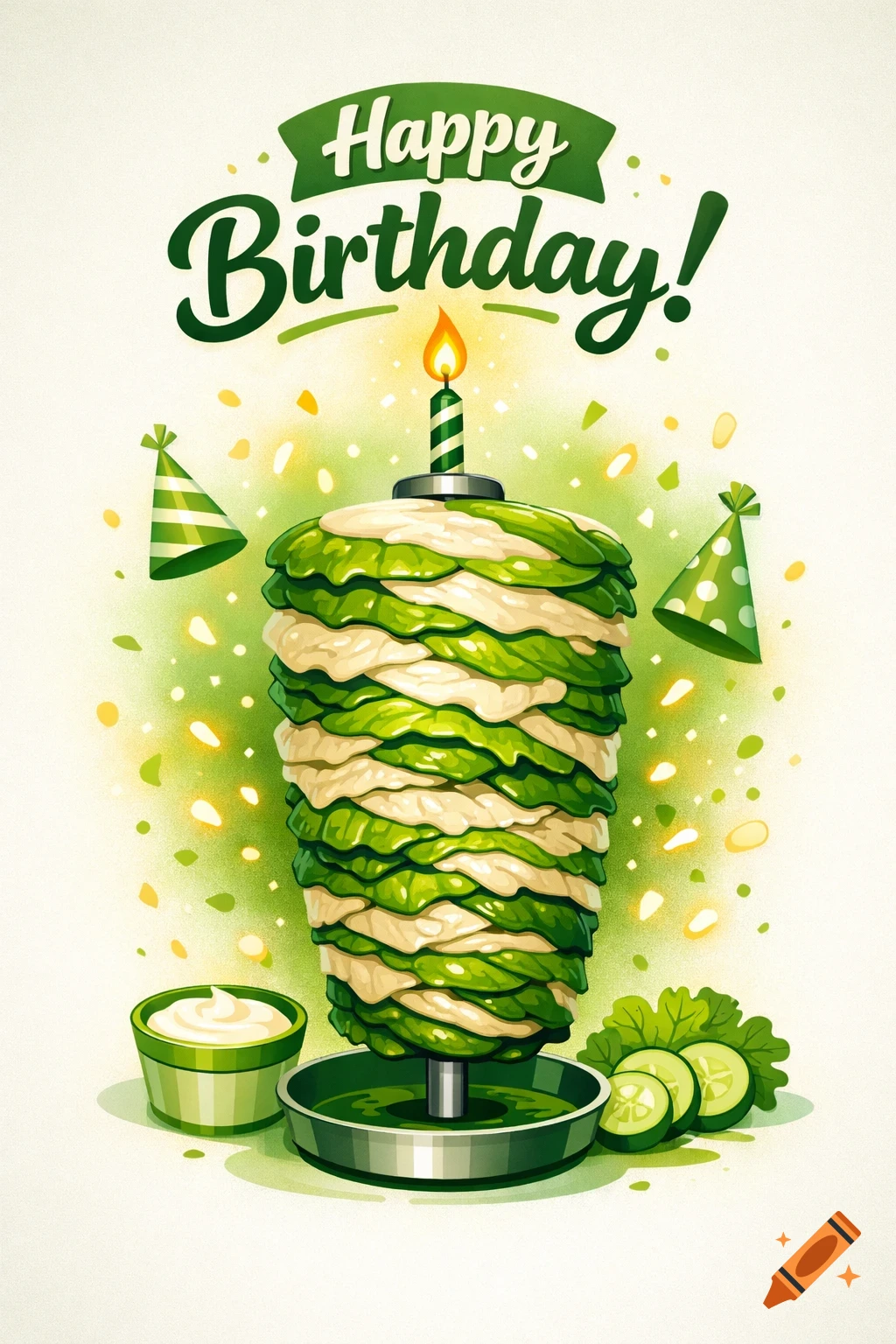 A stylized green and white döner kebab, resembling a birthday cake, topped with a candle. "Happy Birthday!" text and confetti.