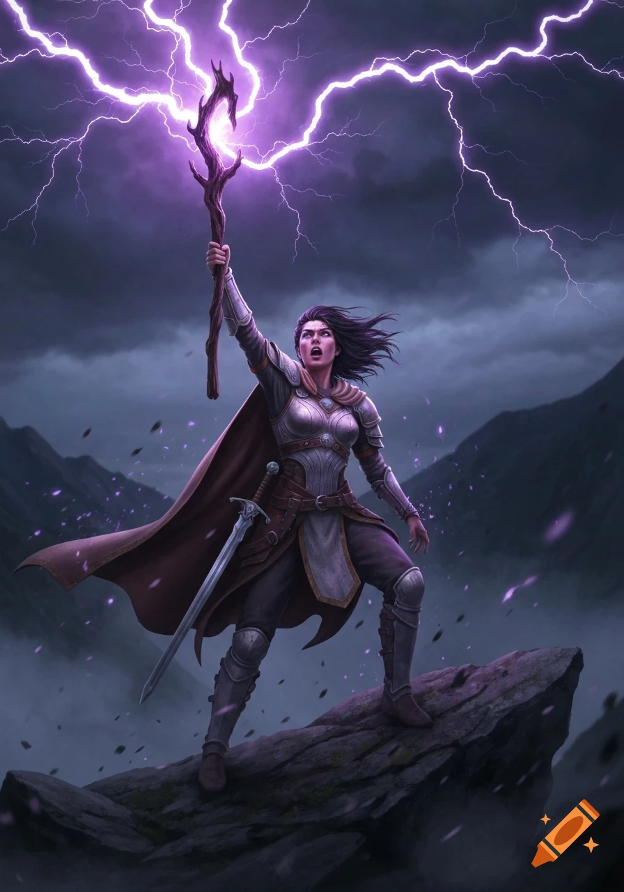 A fantasy sorceress in light armor stands on a rock, casting purple lightning from her staff against a stormy, mountainous background.