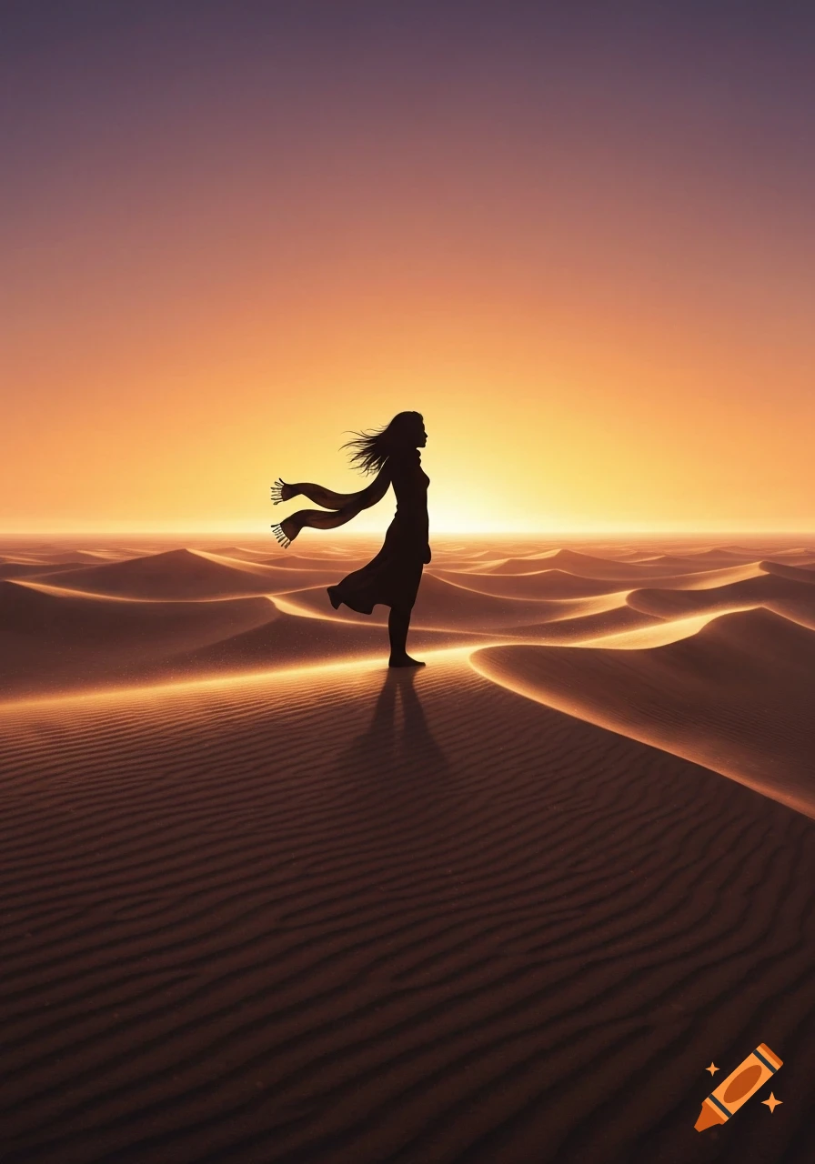 Silhouette of a woman with a flowing scarf standing on a sand dune in a vast desert at sunset.