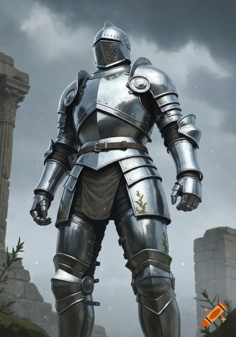 A knight in gleaming full plate armor stands stoically amidst ancient stone ruins under a cloudy sky.