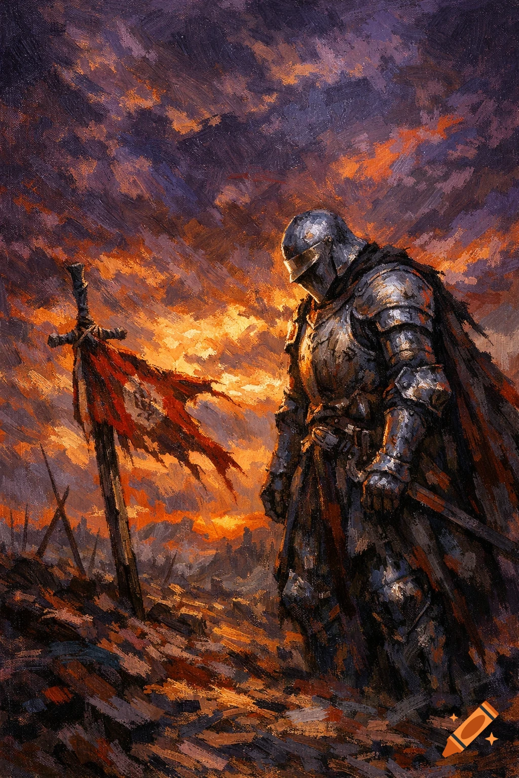 A somber knight in dark armor stands next to a tattered red flag on a desolate battlefield under a dramatic orange and purple sky, in a textured oil painting.