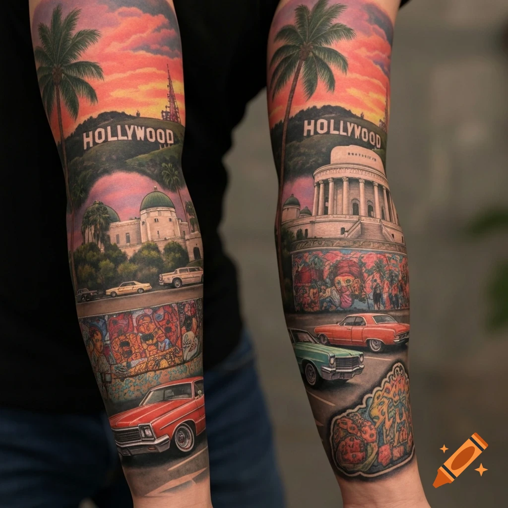 Realistic tattoo sleeves featuring Los Angeles cityscapes including the Hollywood sign, classic cars, and palm trees at sunset.