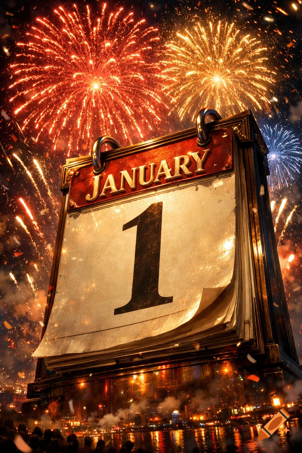 A photorealistic image of a giant calendar displaying 'JANUARY 1' under a night sky filled with vibrant fireworks and a glowing cityscape.