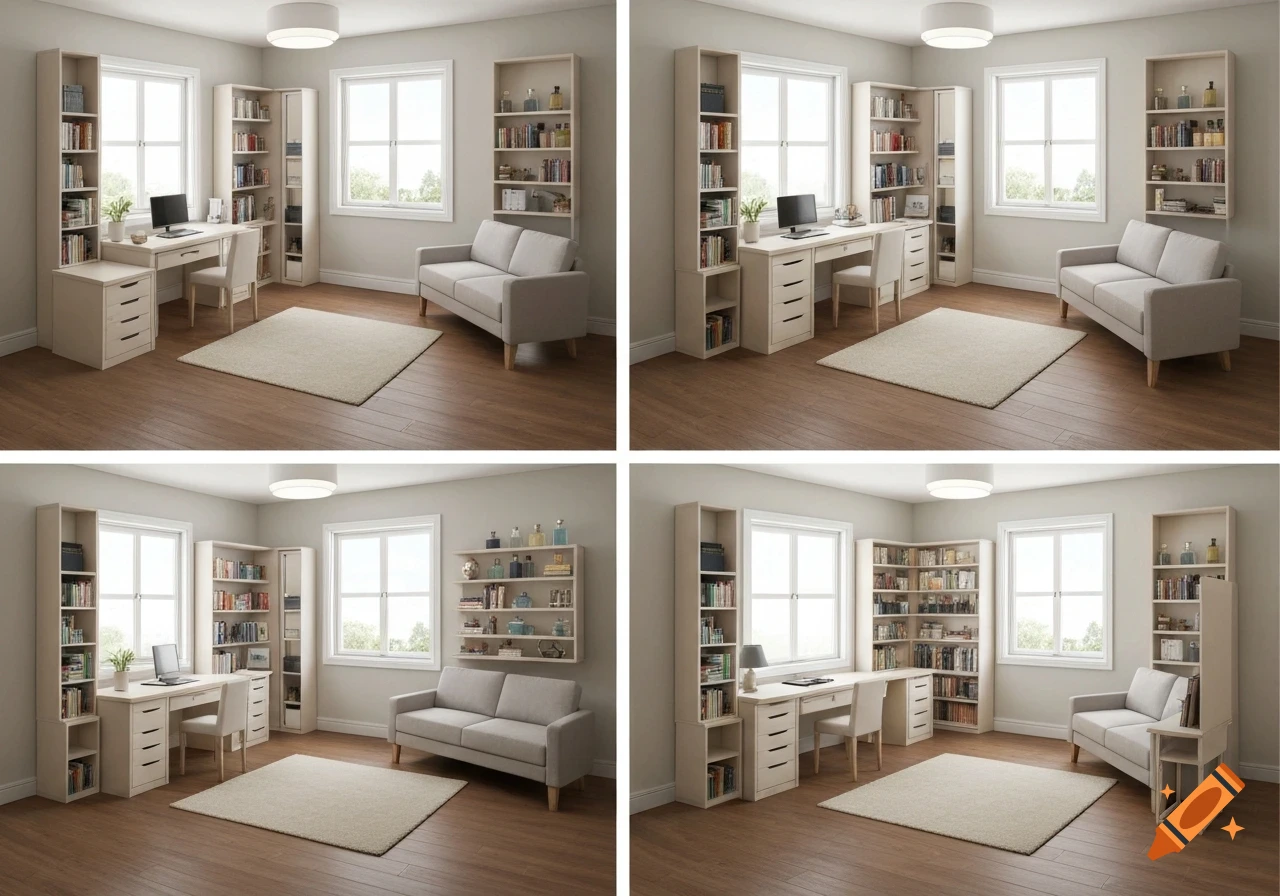 Four variations of a modern home office with a desk, sofa, and bookshelves in a well-lit room.