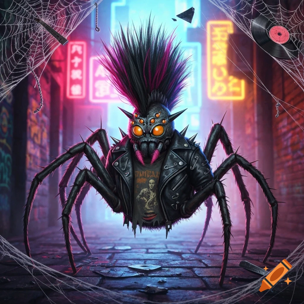 A punk rock spider with a black and pink mohawk, wearing a studded leather jacket and t-shirt, stands in a neon-lit urban alley framed by spiderwebs.
