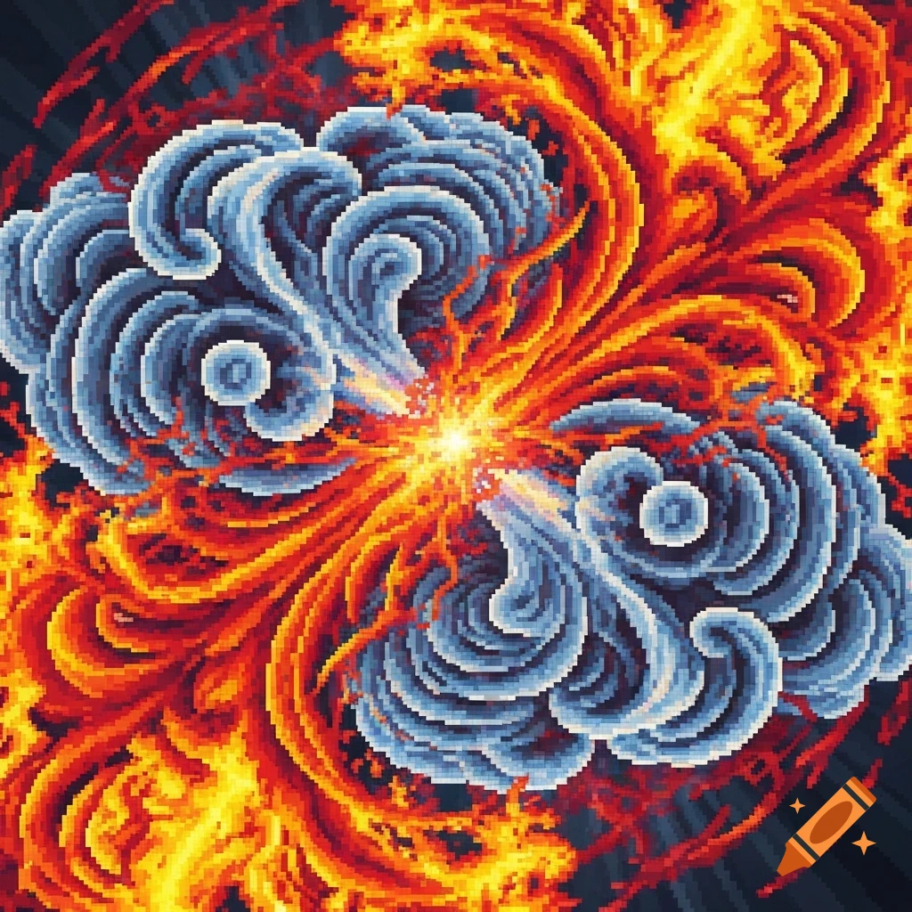 Pixel art of swirling red and orange fire mixing with blue and white smoke, with a bright yellow core.