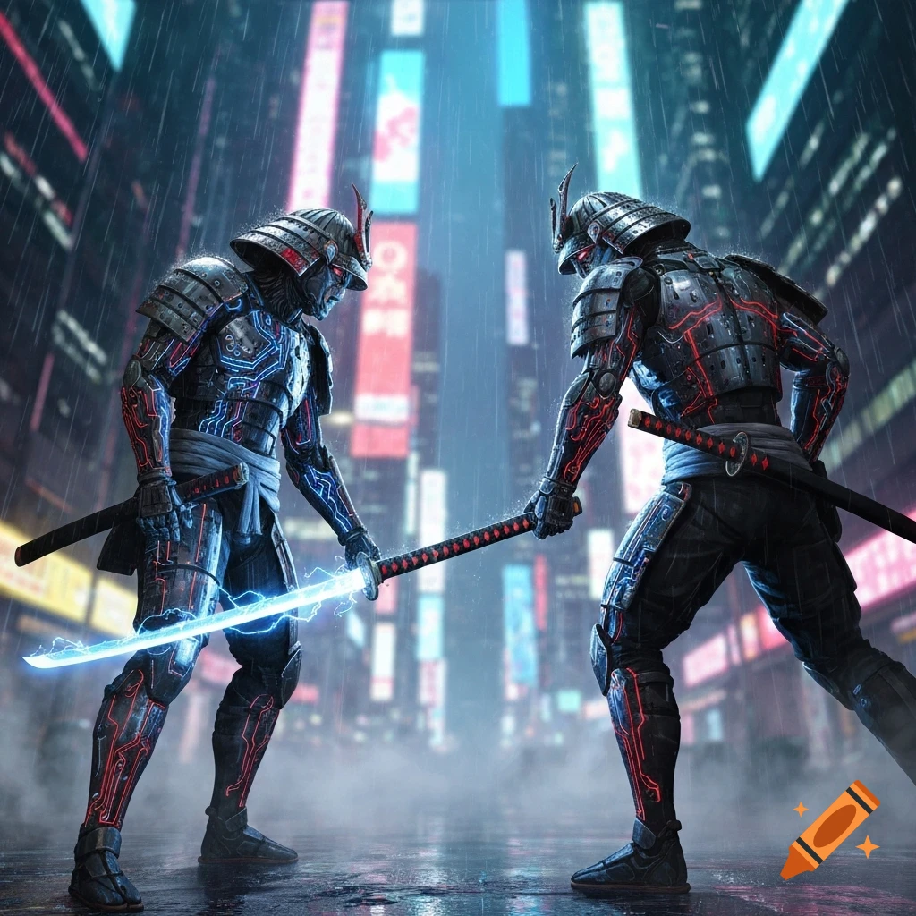 Two cybernetic samurais with glowing swords face off in a rainy, neon-lit cyberpunk city street.