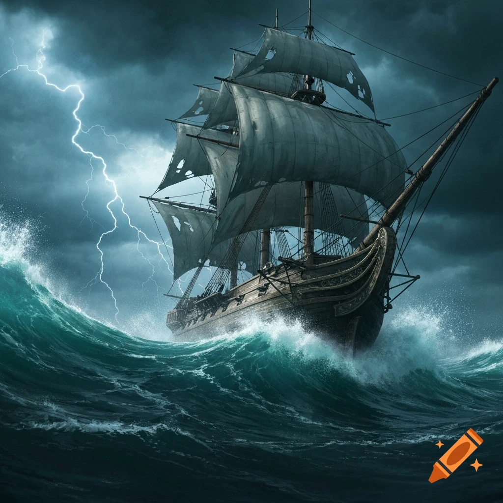 A majestic sailing ship with tattered sails braves a stormy, dark teal sea under a lightning-filled sky.