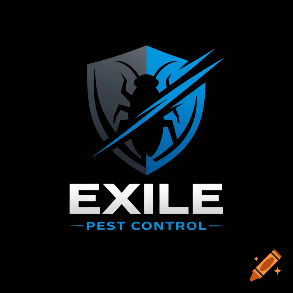 A logo for Exile Pest Control, featuring a cockroach silhouette on a grey and blue shield with a diagonal slash.
