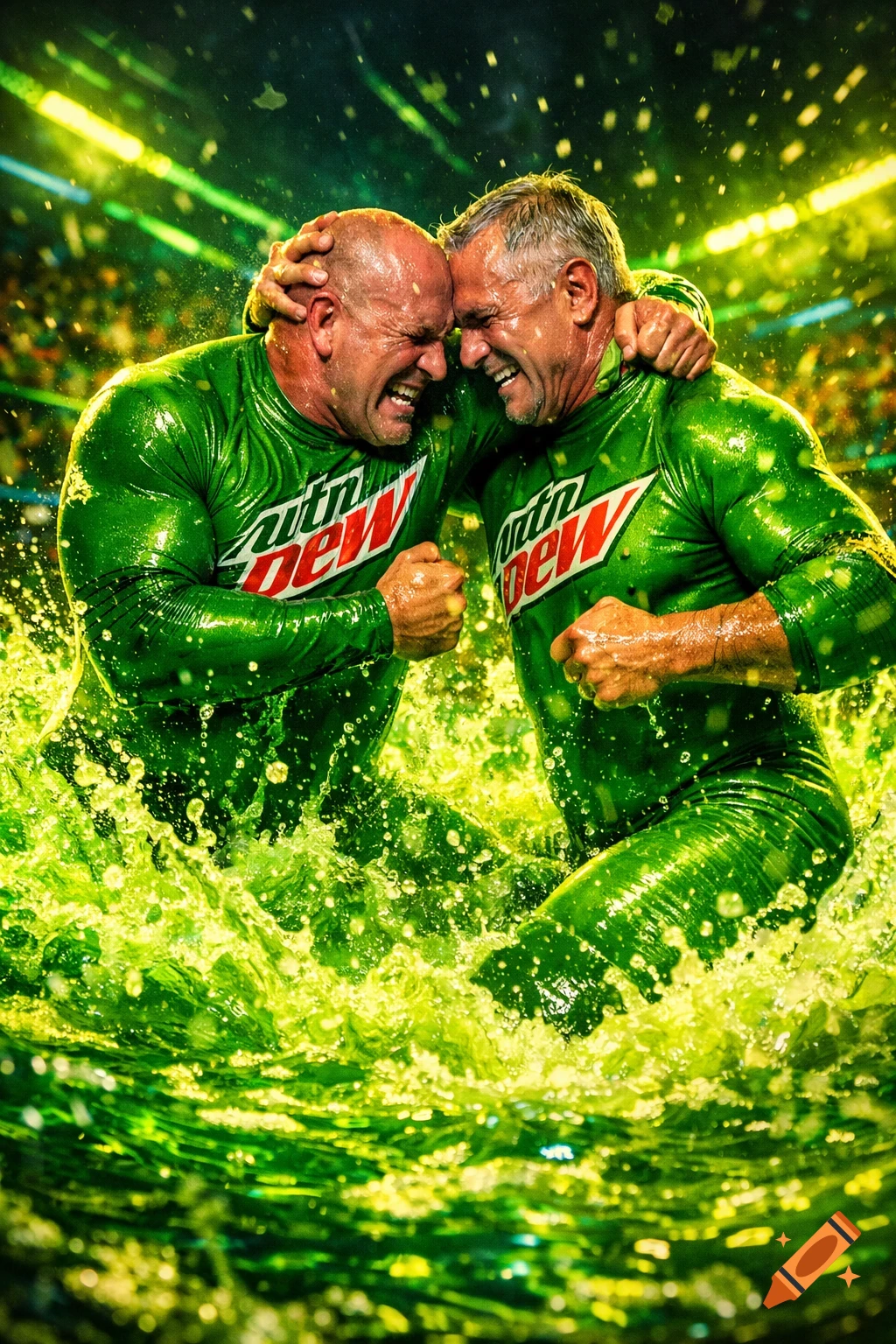 Two muscular men in green Mountain Dew suits wrestle in a splashing pool of neon green liquid in a brightly lit arena.