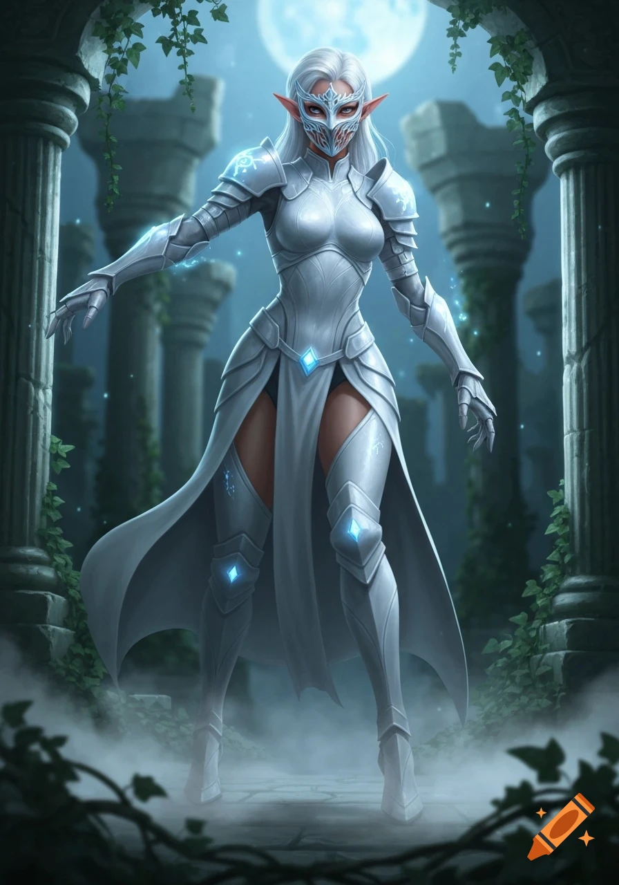 A white-haired elf in glowing white armor and a red mask stands in moonlit ruins amidst stone pillars and vines, fantasy art.