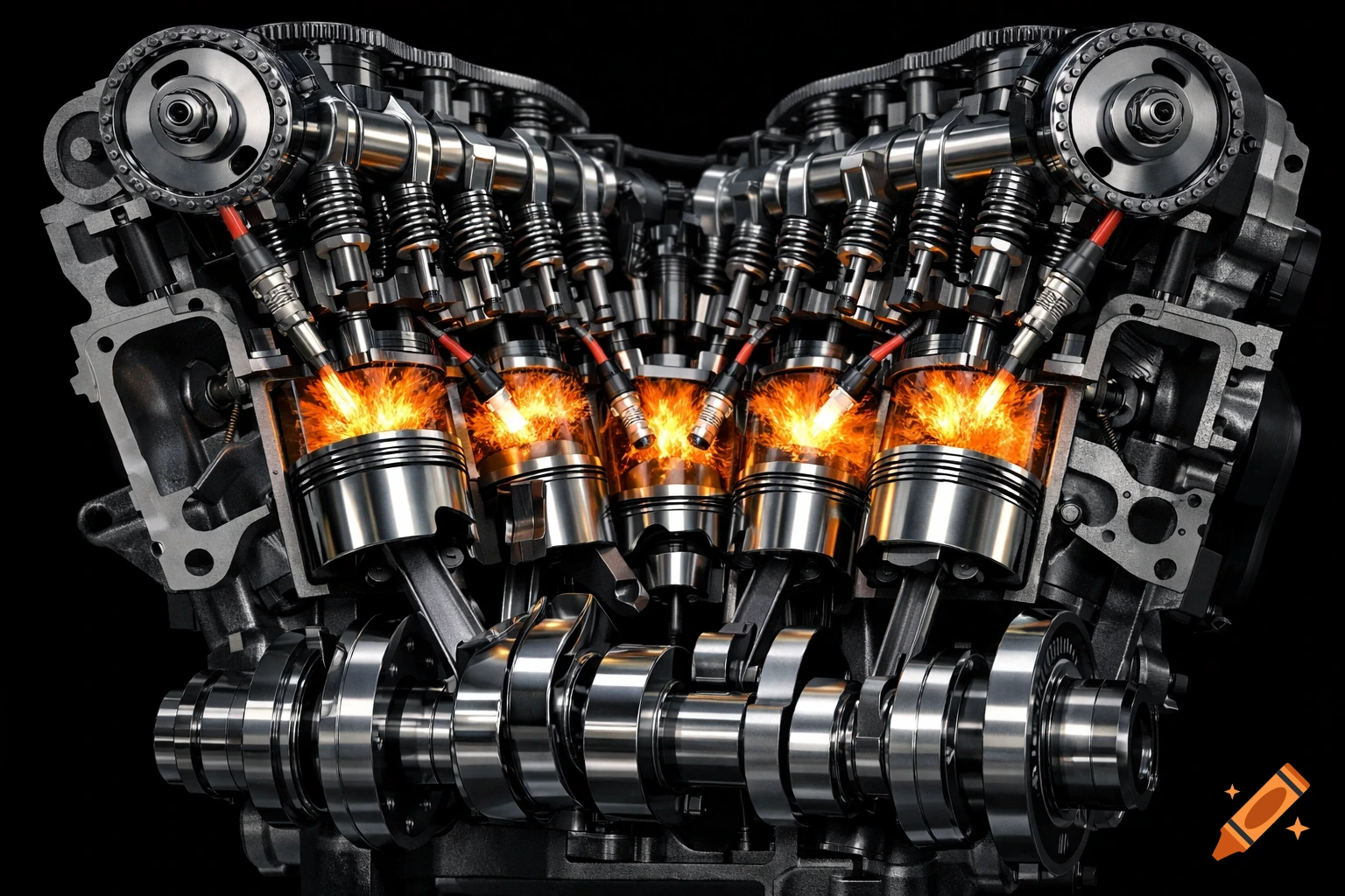 Photorealistic cutaway view of a V8 engine showing pistons firing, crankshaft, and camshafts.