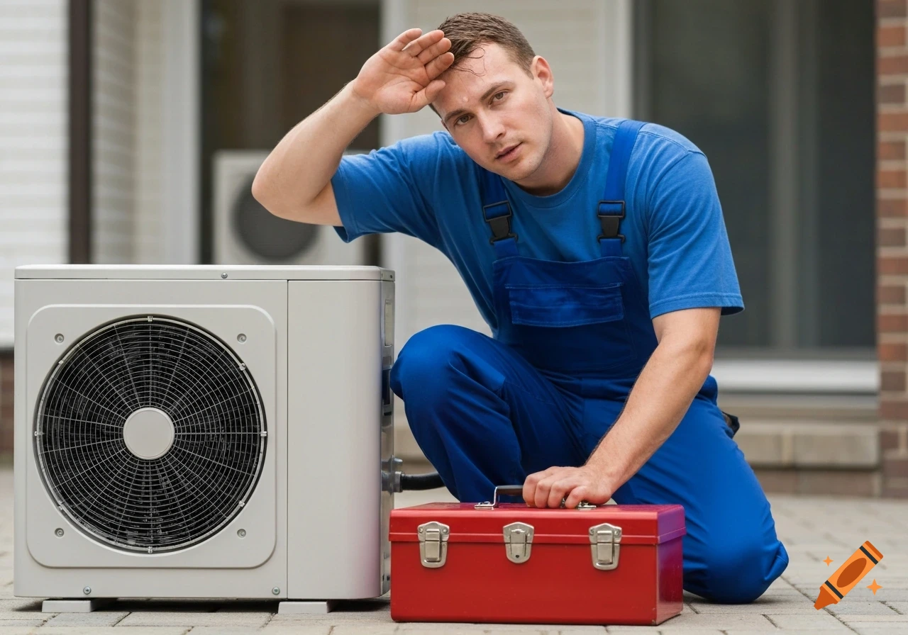 A tired male HVAC technician in blue overalls kneels beside an outdoor AC unit with a red toolbox, wiping sweat from his brow.