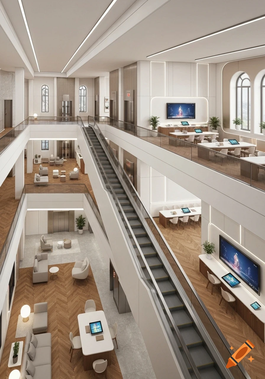 Photorealistic interior of a modern multi-story building with escalators, lounge areas, tables, screens, and light wood floors.