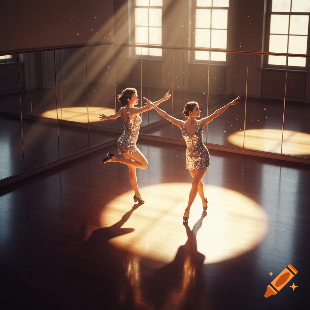 Two female dancers in sparkling dresses pose gracefully in a sunlit mirrored dance studio, casting long shadows.