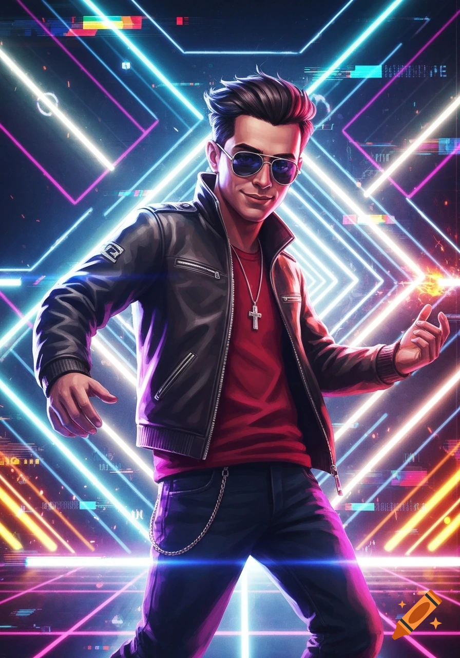 Stylized portrait of a man in sunglasses and a leather jacket against a vibrant neon and glitch background.