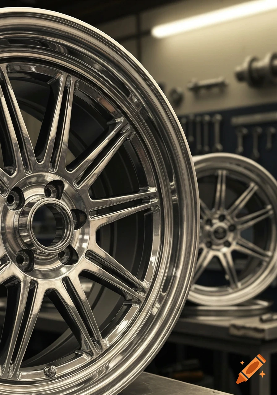 Close-up of a shiny chrome car rim in a workshop, with another rim blurred in the background.