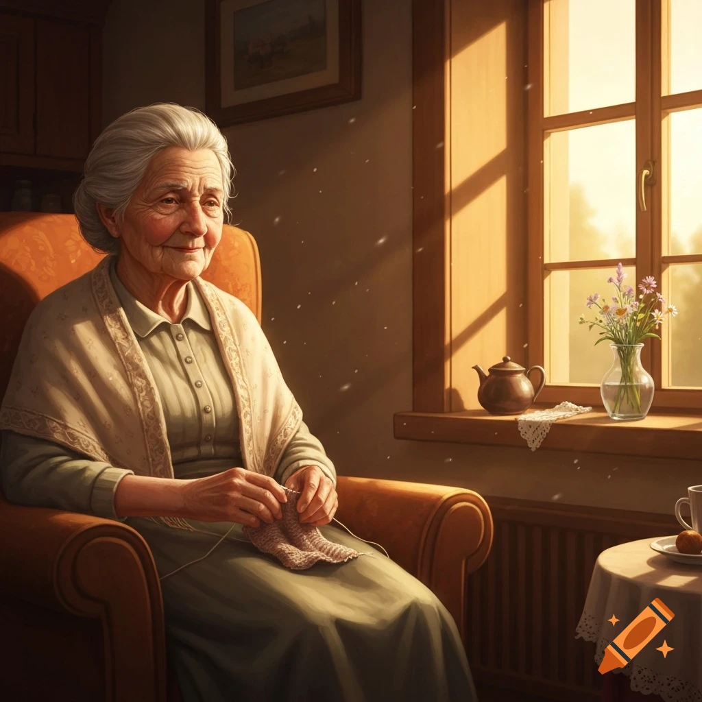 An elderly woman with grey hair sits in an armchair by a sunny window, knitting a small cloth.