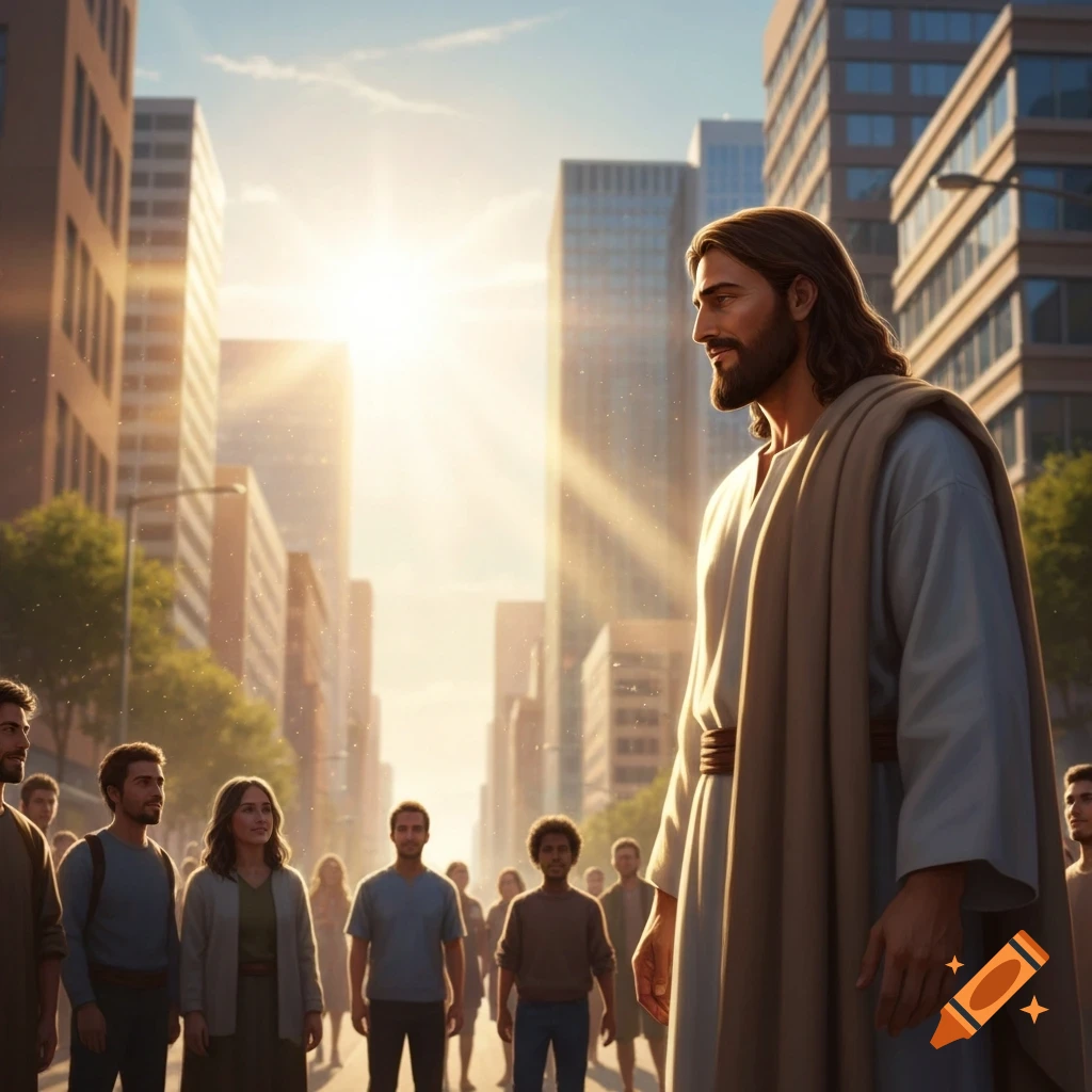 Jesus stands in a bustling modern city street, facing a crowd with bright sunlight overhead, in a photorealistic style.
