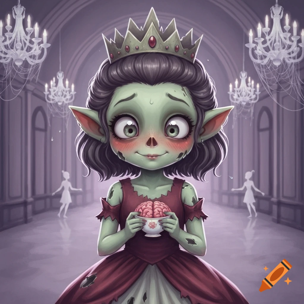 Cartoon zombie queen with green skin and a crown, holding a brain in a bowl, in a gothic hall.