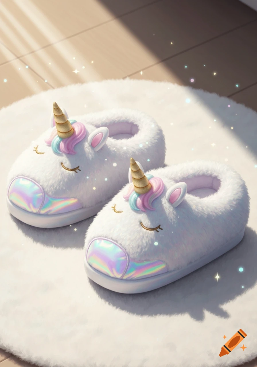 Two fluffy white unicorn slippers with golden horns and rainbow manes sit on a white rug with sparkling light.