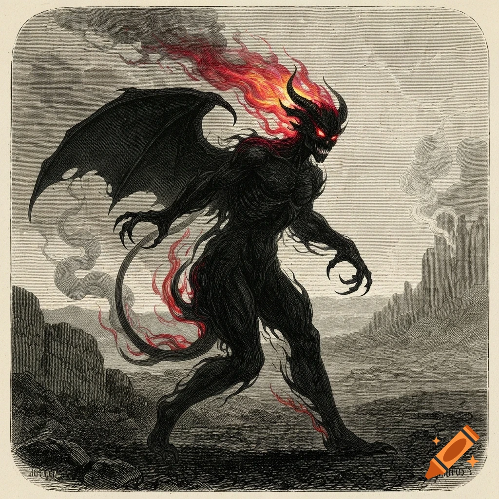 A black demon with large wings, horns, and flaming red hair and eyes, walking through a desolate landscape, in a Victorian engraving style.