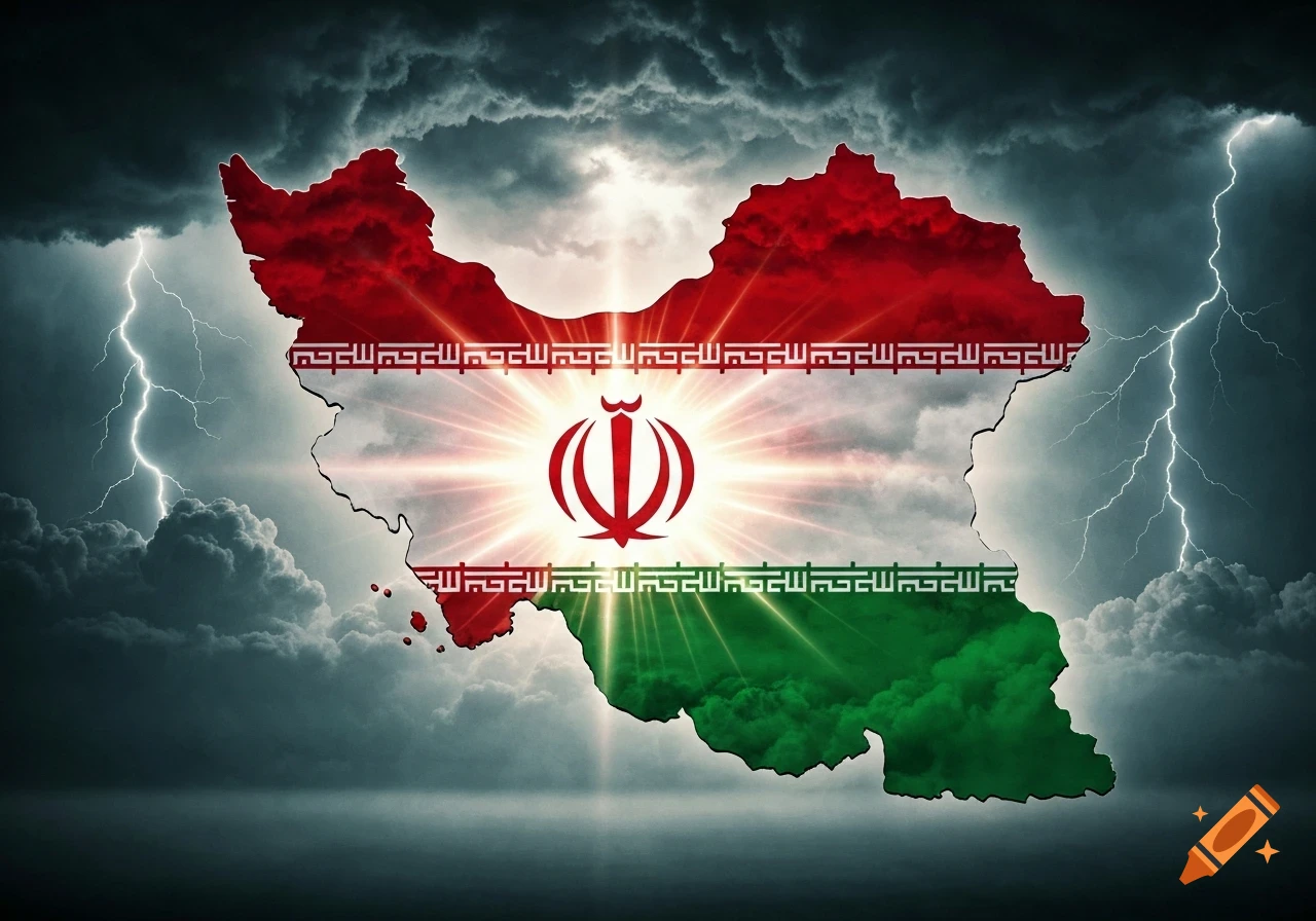 An epic, patriotic artwork depicting the map of Iran filled with the Iranian flag colors and emblem, against a dramatic, stormy sky with lightning.