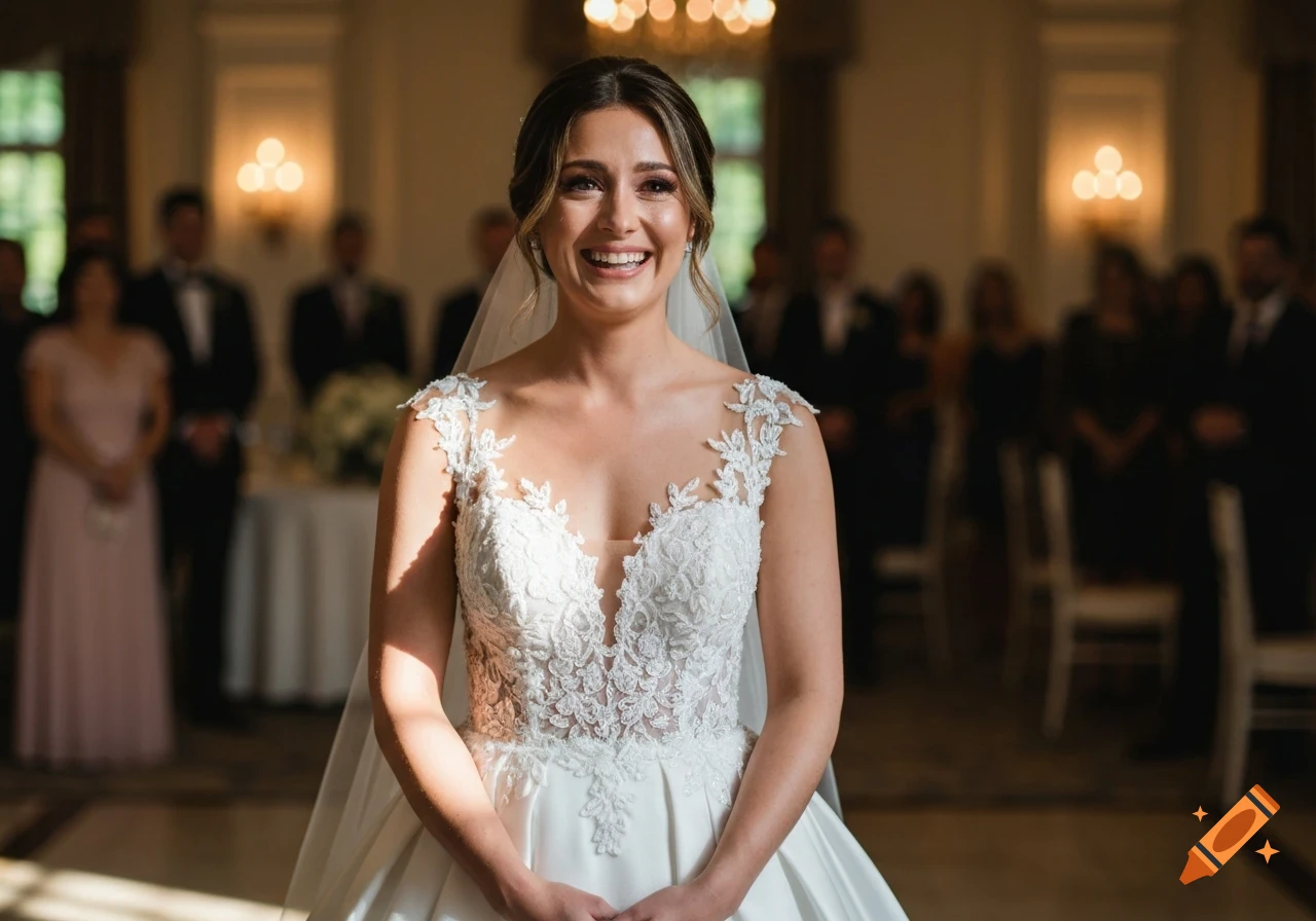 A smiling bride in a white lace wedding dress stands in a dimly lit hall with blurred guests in the background.