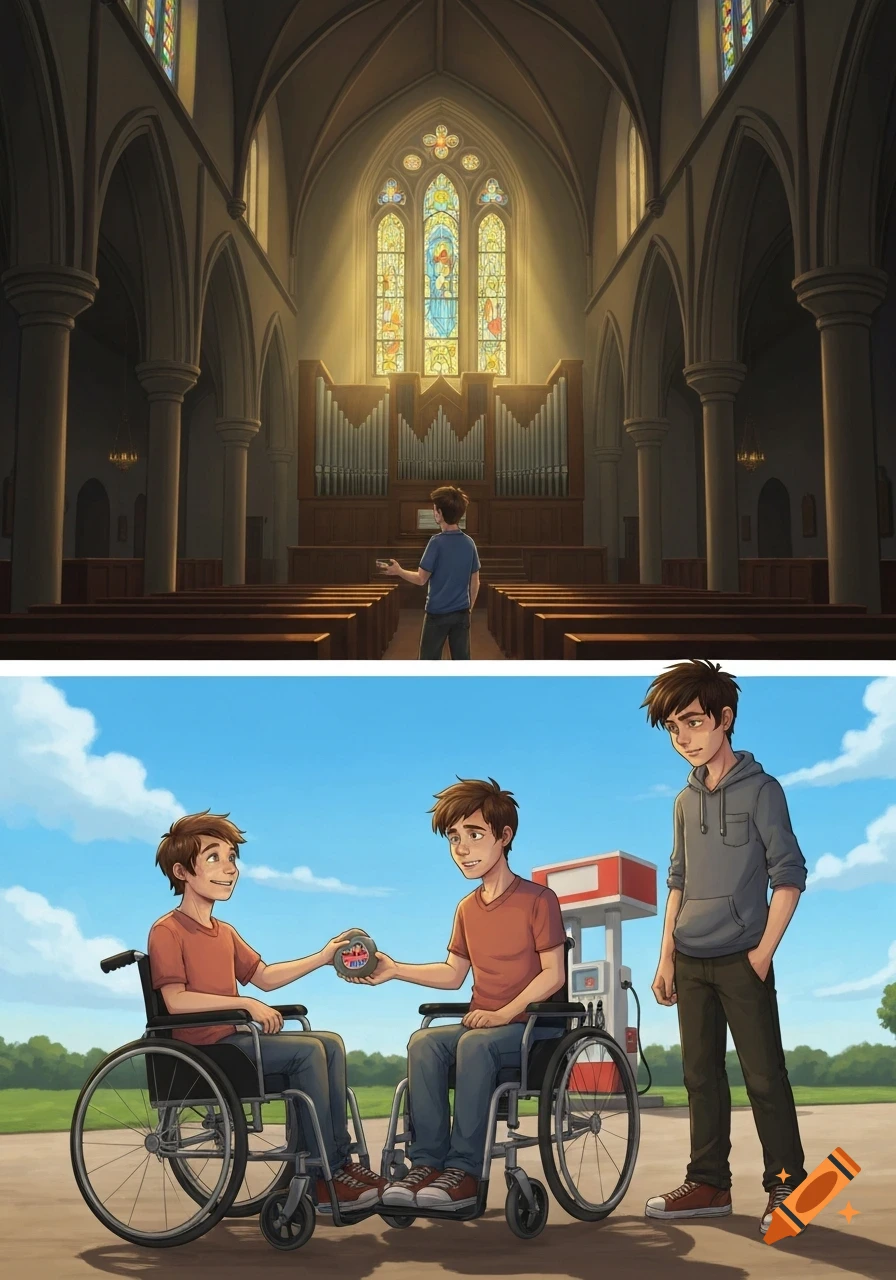 A split image. Top: A boy stands in a sunlit church, facing a stained-glass window and organ pipes. Bottom: Two boys in wheelchairs exchange a painted stone with text, while a third boy stands beside them at a gas station, in an animated style.