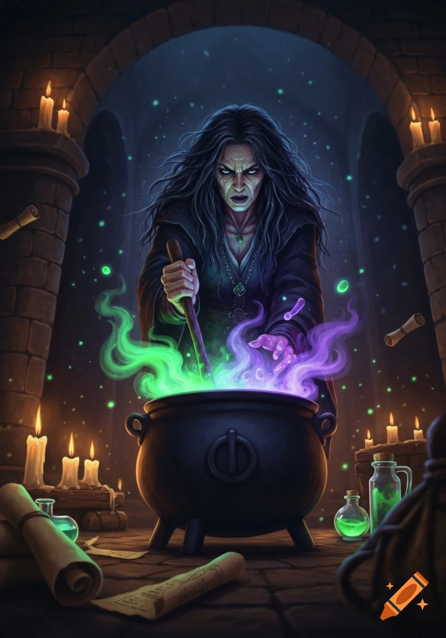 A menacing witch stirs a glowing green and purple potion in a cauldron, surrounded by candles and bottles in a dark stone room.