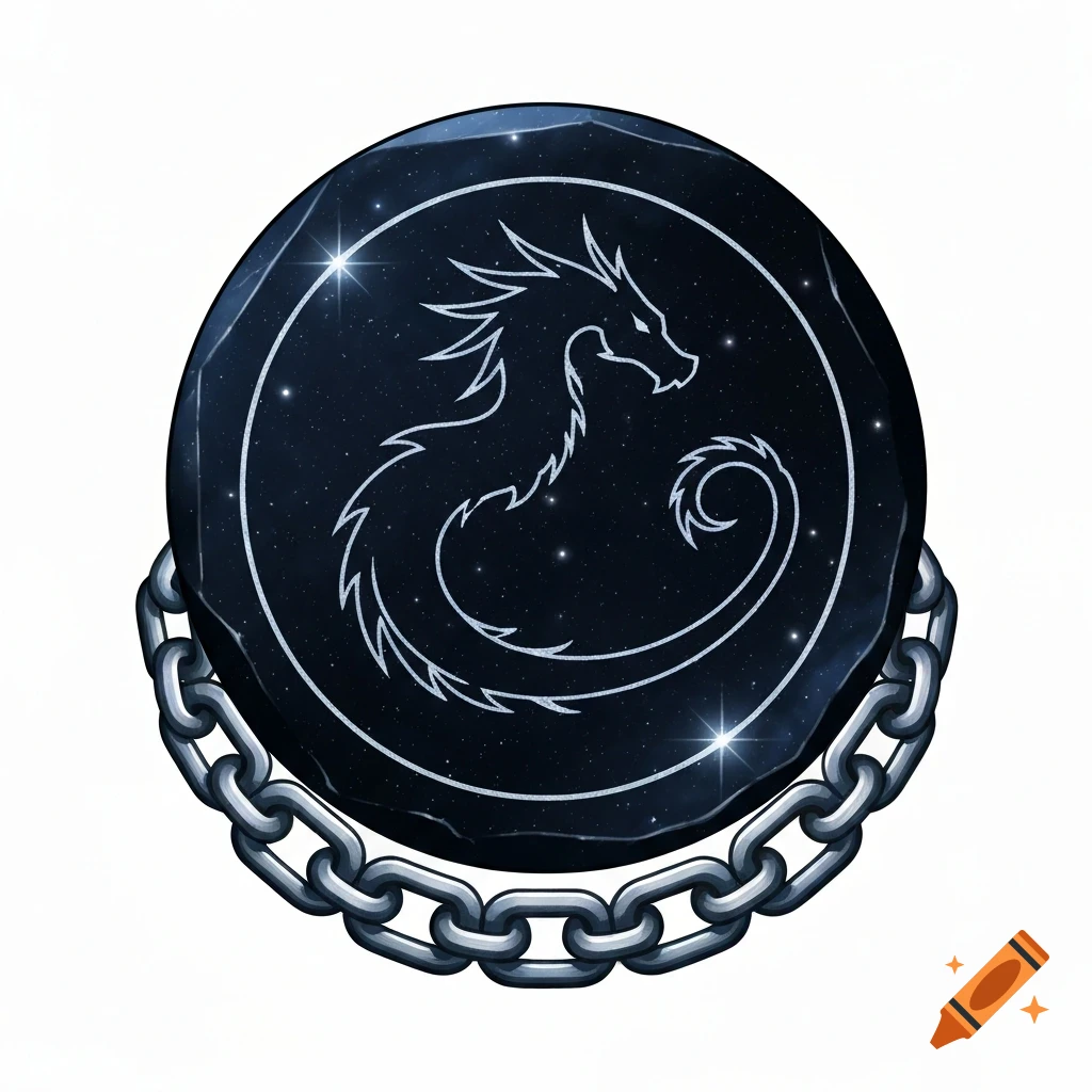 Stylized white outline dragon emblem on a dark blue, starry round medallion, with a silver chain around its base.