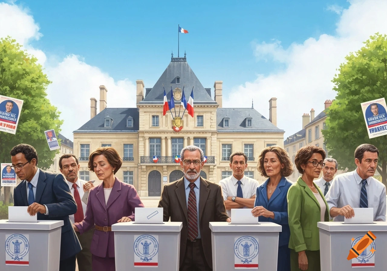 People are casting votes at ballot boxes in front of a French city hall, with election posters hanging from trees under a blue sky.
