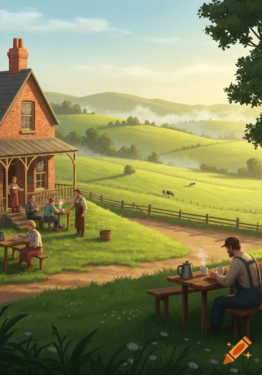 An illustrative painting of a rural cafe with people sitting outside, surrounded by rolling green hills and cows.