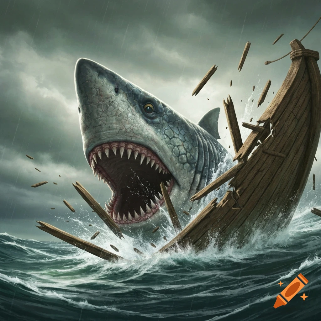 A large shark with an open mouth bursts out of stormy waters, destroying a wooden boat. Illustrated style.