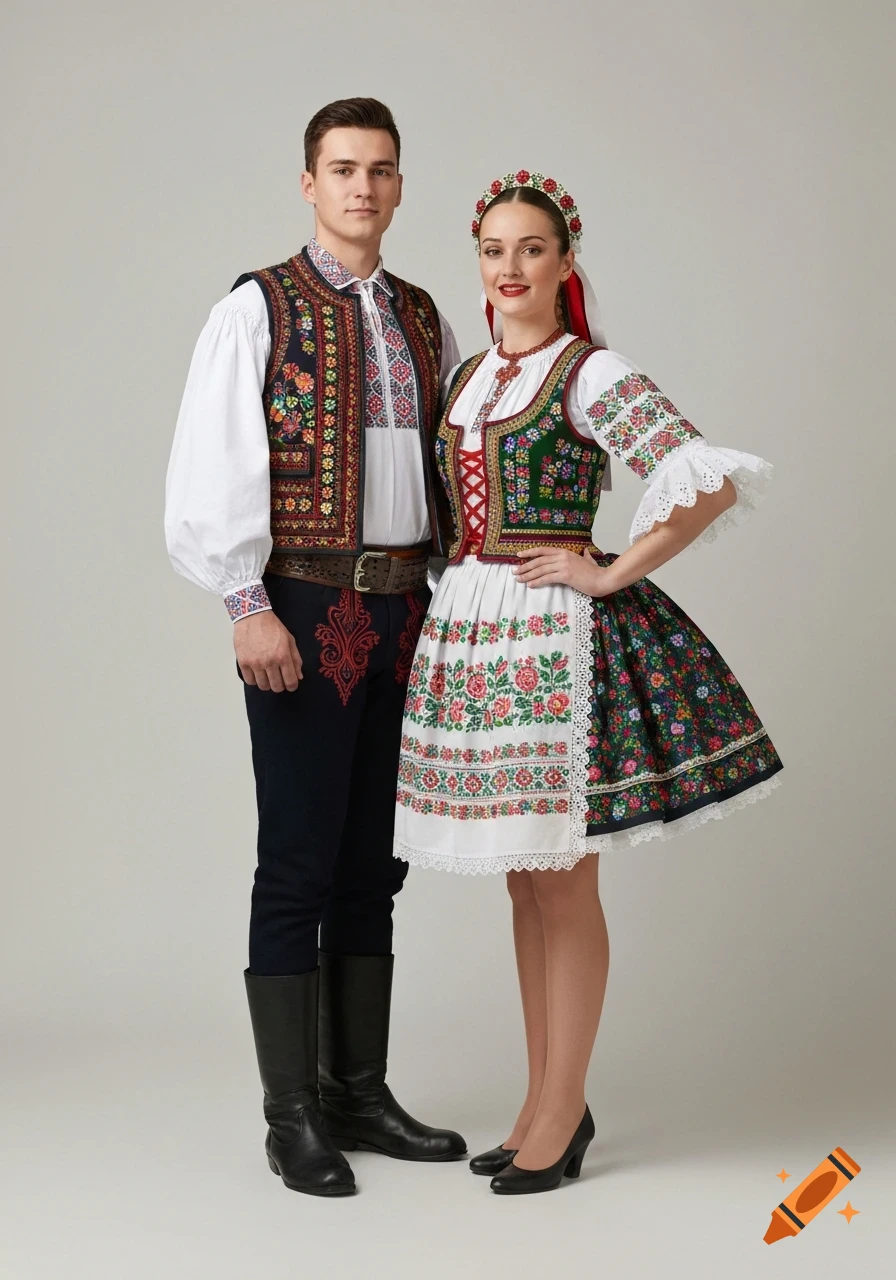 A man and woman in traditional Hungarian folk clothing with detailed embroidery, standing side by side.