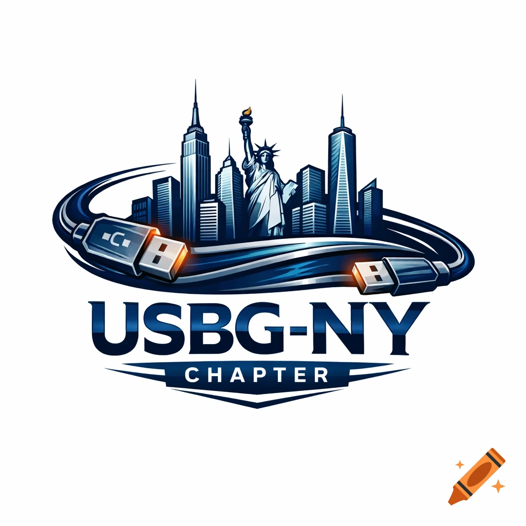 Modern logo with New York City skyline, Statue of Liberty, and glowing USB cables above 'USBG-NY CHAPTER' text.