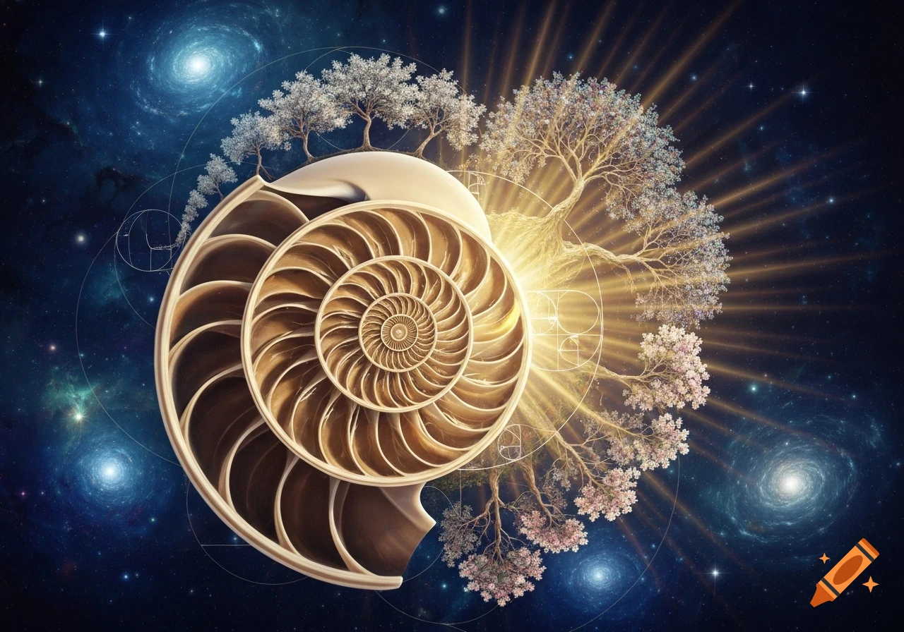 Golden nautilus shell with trees and a radiant tree of life against a cosmic background, featuring golden ratio geometry.