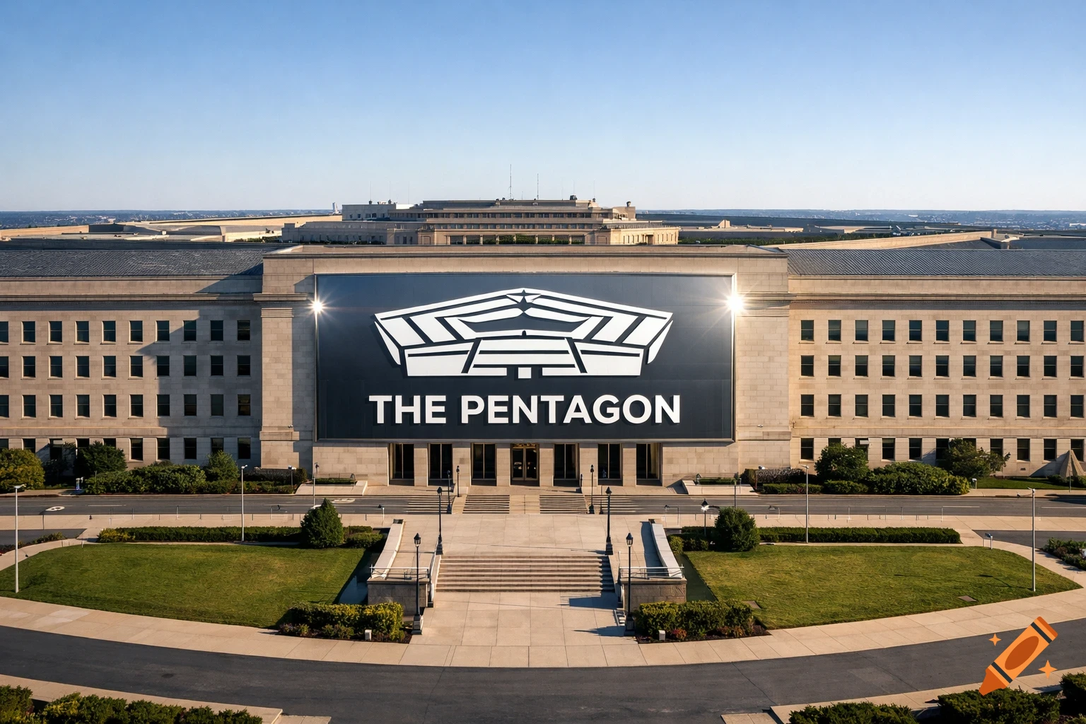 Photorealistic exterior view of The Pentagon building with a large sign displaying 'THE PENTAGON' and its logo.