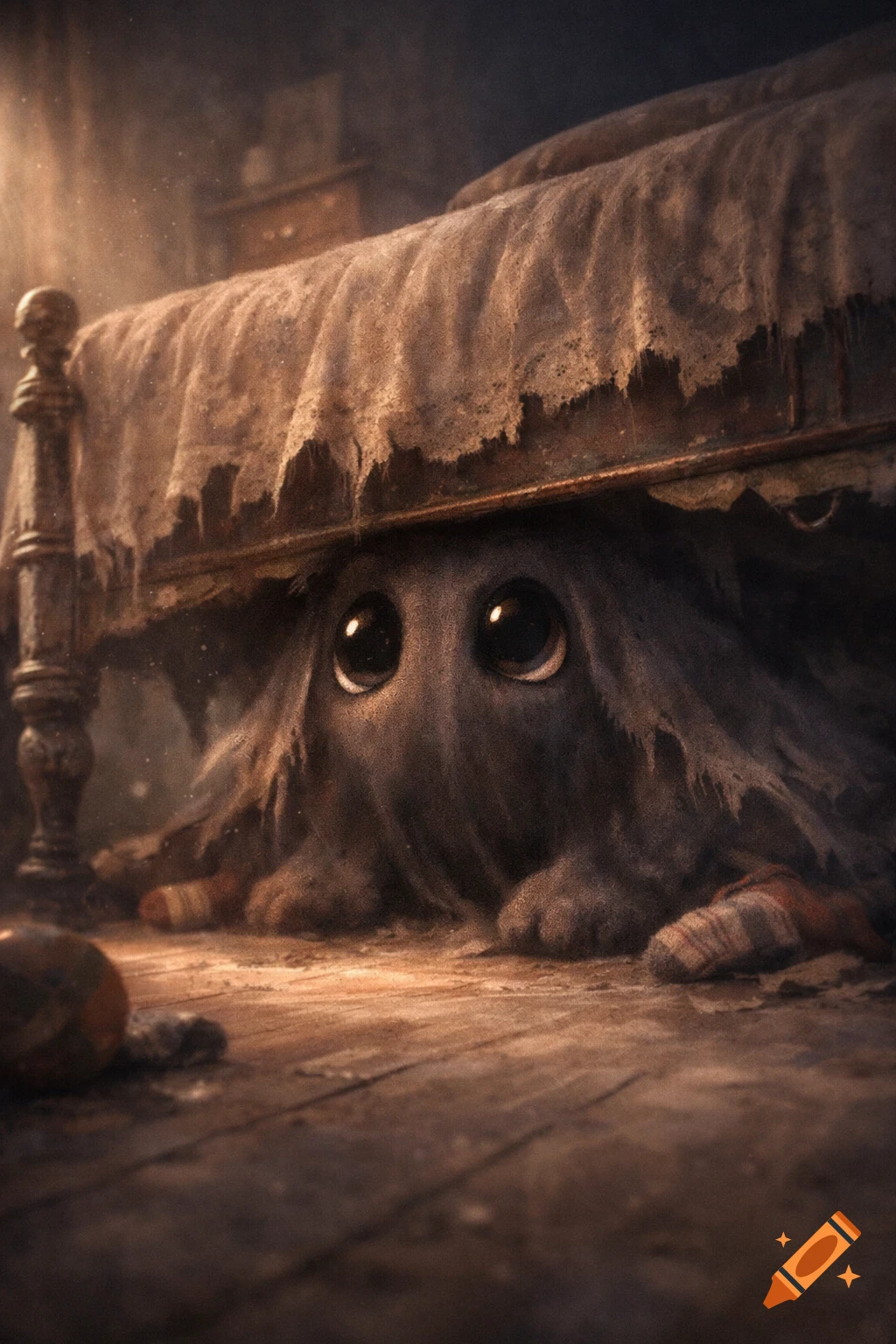 A cute, fluffy dark creature with large, innocent eyes peeks out from under a dusty, old bed in a dimly lit room.
