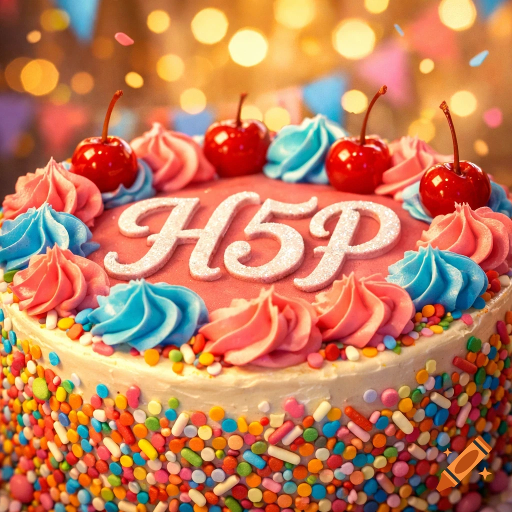 A close-up of a festive birthday cake with colorful sprinkles, pink and blue icing swirls, red cherries, and the text "H5P" written in glittery letters on top.