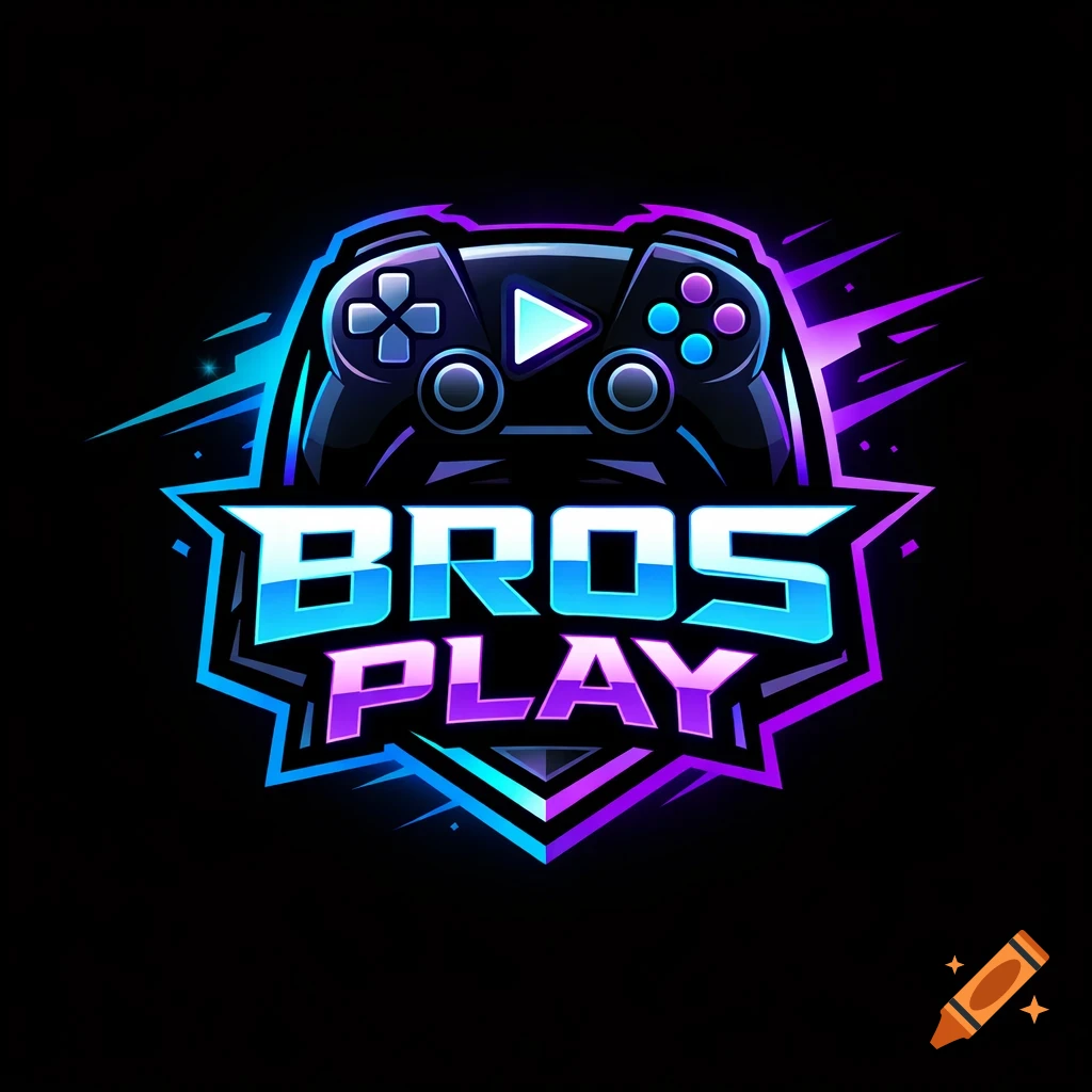 A stylized gaming logo with a black game controller on a blue and purple geometric background, featuring the words 'BROS PLAY' in glowing text.
